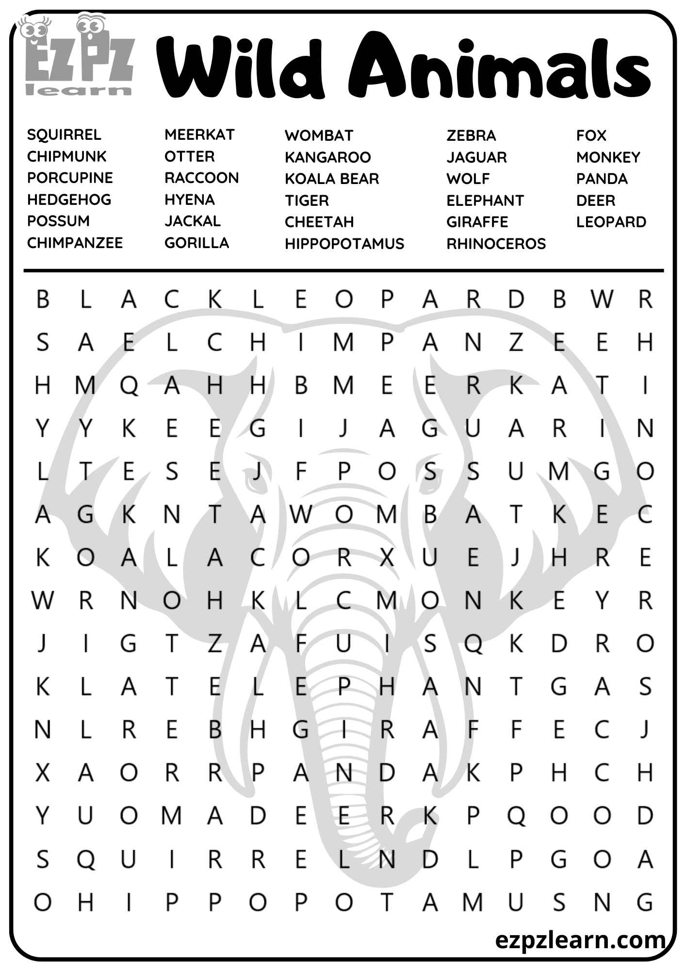 Wild Animals Vocabulary Word Search For Children And English Language Wild Animals Vocabulary Word Search For Children And English Language